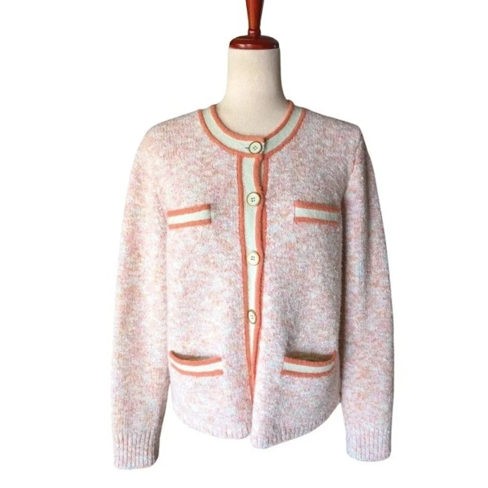J.Crew Pink Peach Space Dye Marl Lady Jacket Cardigan Sweater Crew Neck Size M/L - Picture 11 of 11